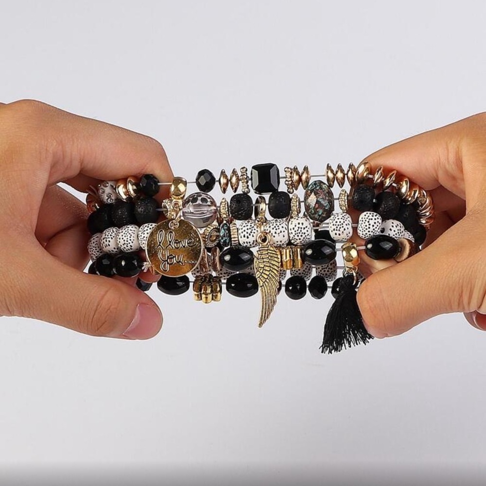 ✨NEW Boho I Love You Gold and Black Beaded layered Bracelet Set - Picture 3 of 5